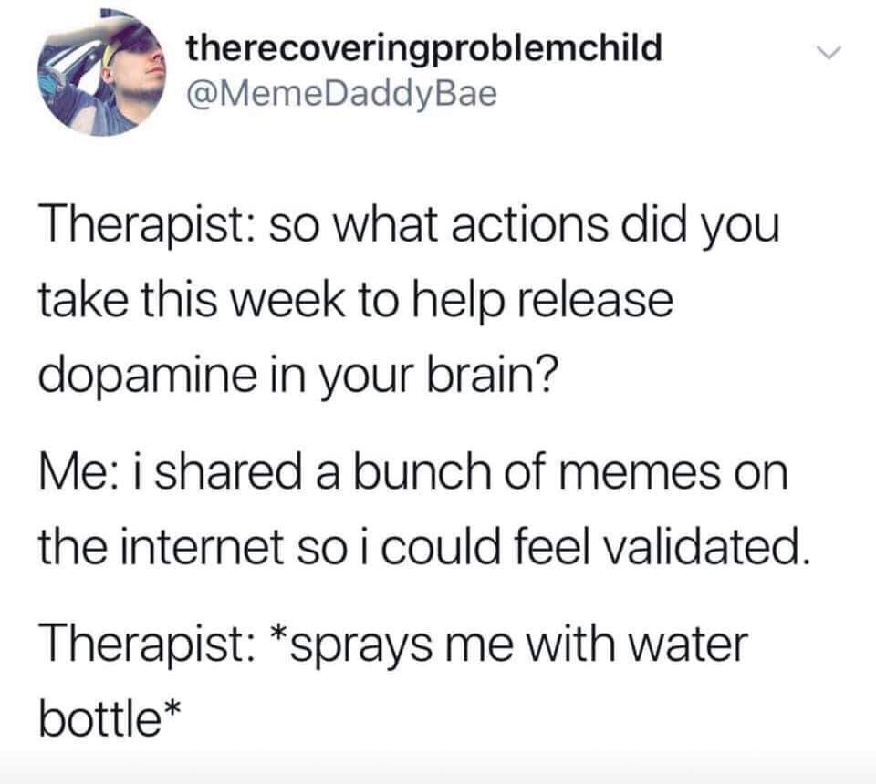therapist spraying me with water - therecoveringproblemchild Therapist so what actions did you take this week to help release dopamine in your brain? Me i d a bunch of memes on the internet so i could feel validated. Therapist sprays me with water bottle 
