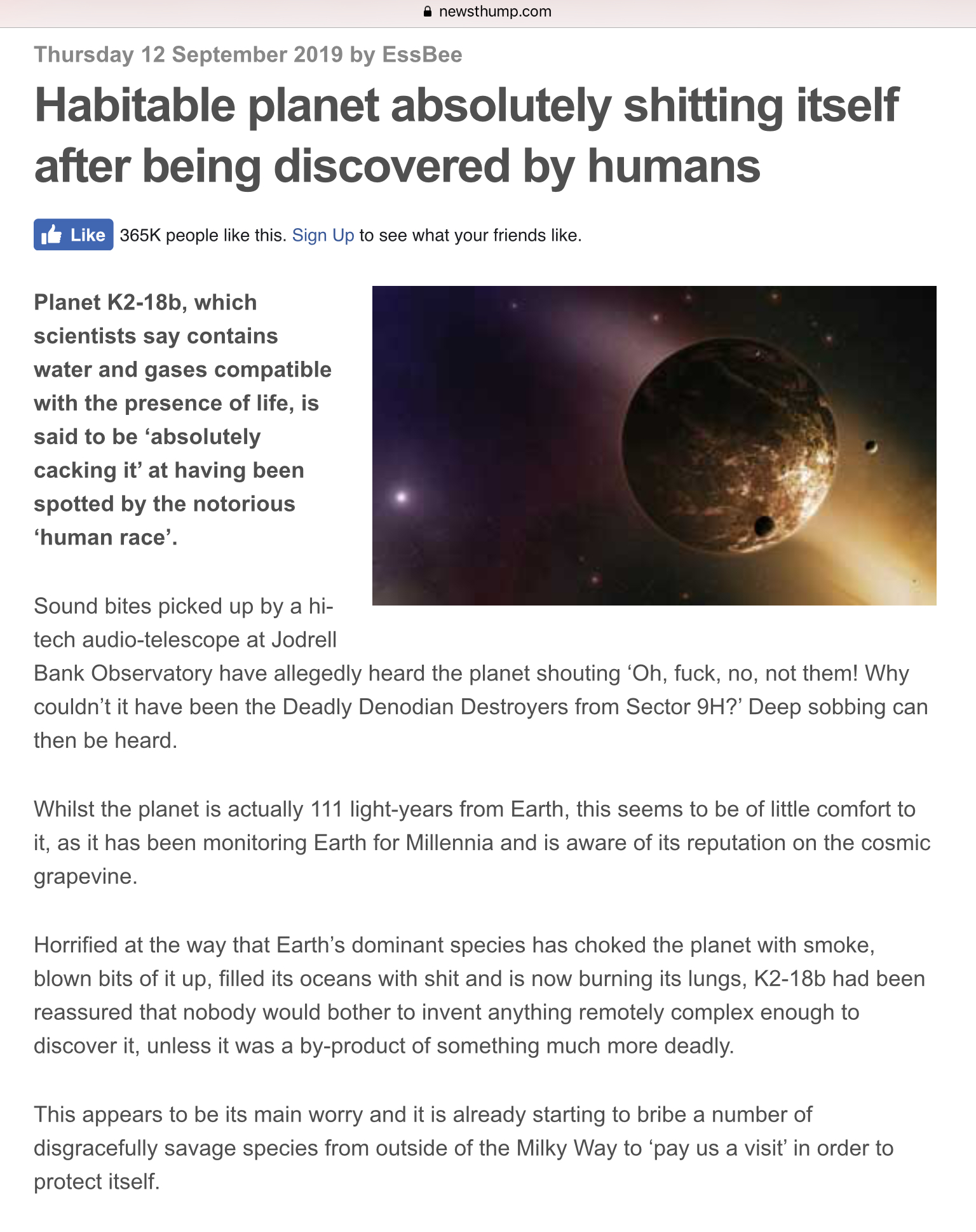 sphere - newshub.com Thursday by EssBee Habitable planet absolutely shitting itself after being discovered by humans people this. Sign up to see what your friends Planet K218b, which scientists say contains water and gases compatible with the presence of 