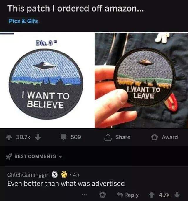 want to believe patch meme - This patch I ordered off amazon... Pics & Gifs Dia, 3 Lwant To Leave I Want To Believe 509 Award Best GlitchGaminggirl S 4h Even better than what was advertised