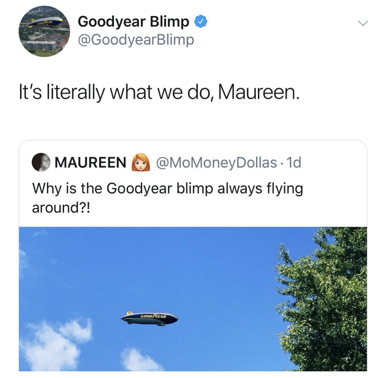 ben shapiro twitter meme - Goodyear Blimp It's literally what we do, Maureen. Maureen 1d Why is the Goodyear blimp always flying around?! Good Year