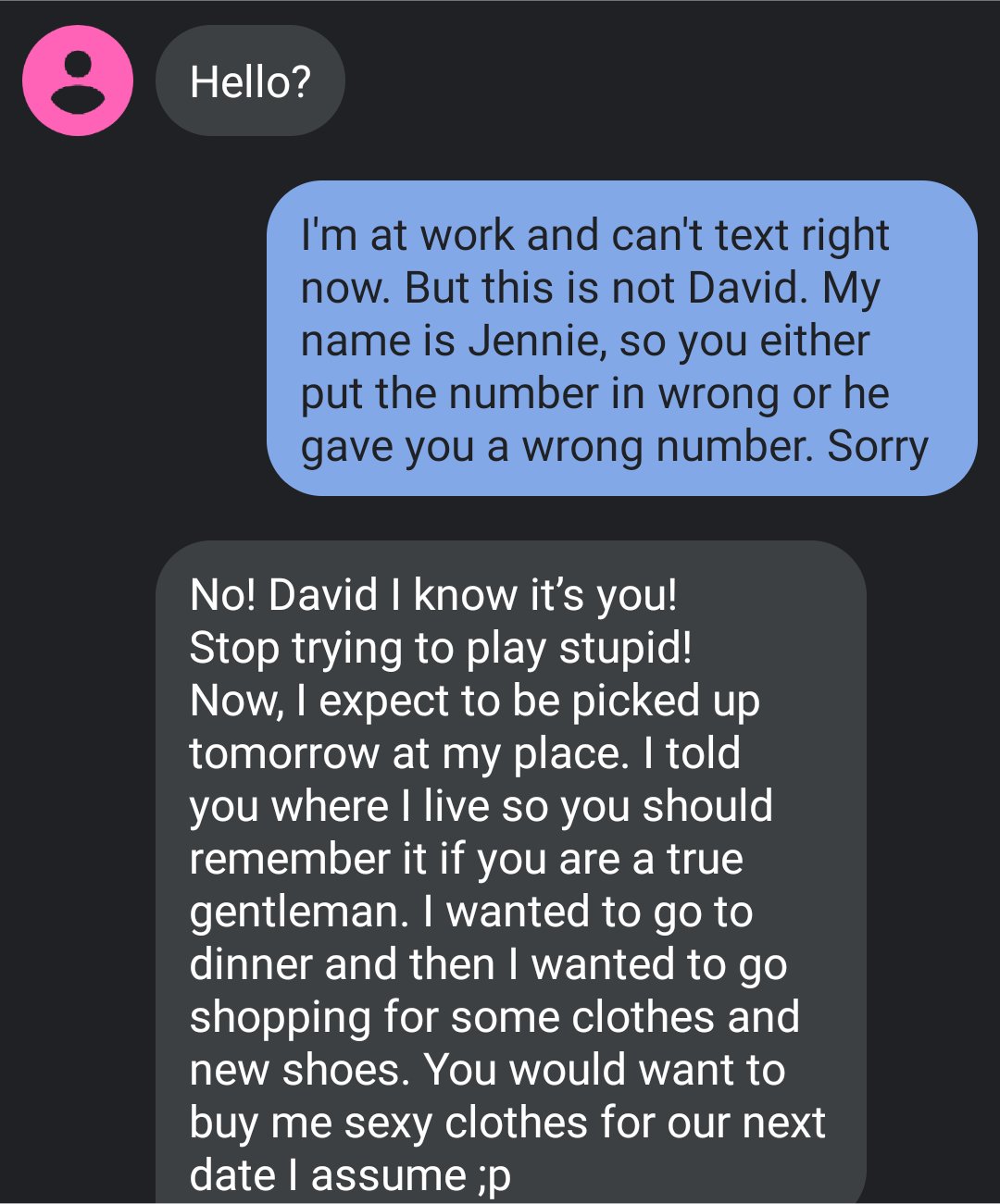 Hello? I'm at work and can't text right now. But this is not David. My name is Jennie, so you either put the number in wrong or he gave you a wrong number. Sorry No! David I know it's you! Stop trying to play stupid! Now, I expect to be picke