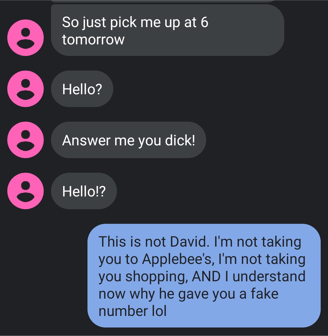 So just pick me up at 6 tomorrow Hello? Answer me you dick! Hello!? This is not David. I'm not taking you to Applebee's, I'm not taking you shopping, And I understand now why he gave you a fake number lol