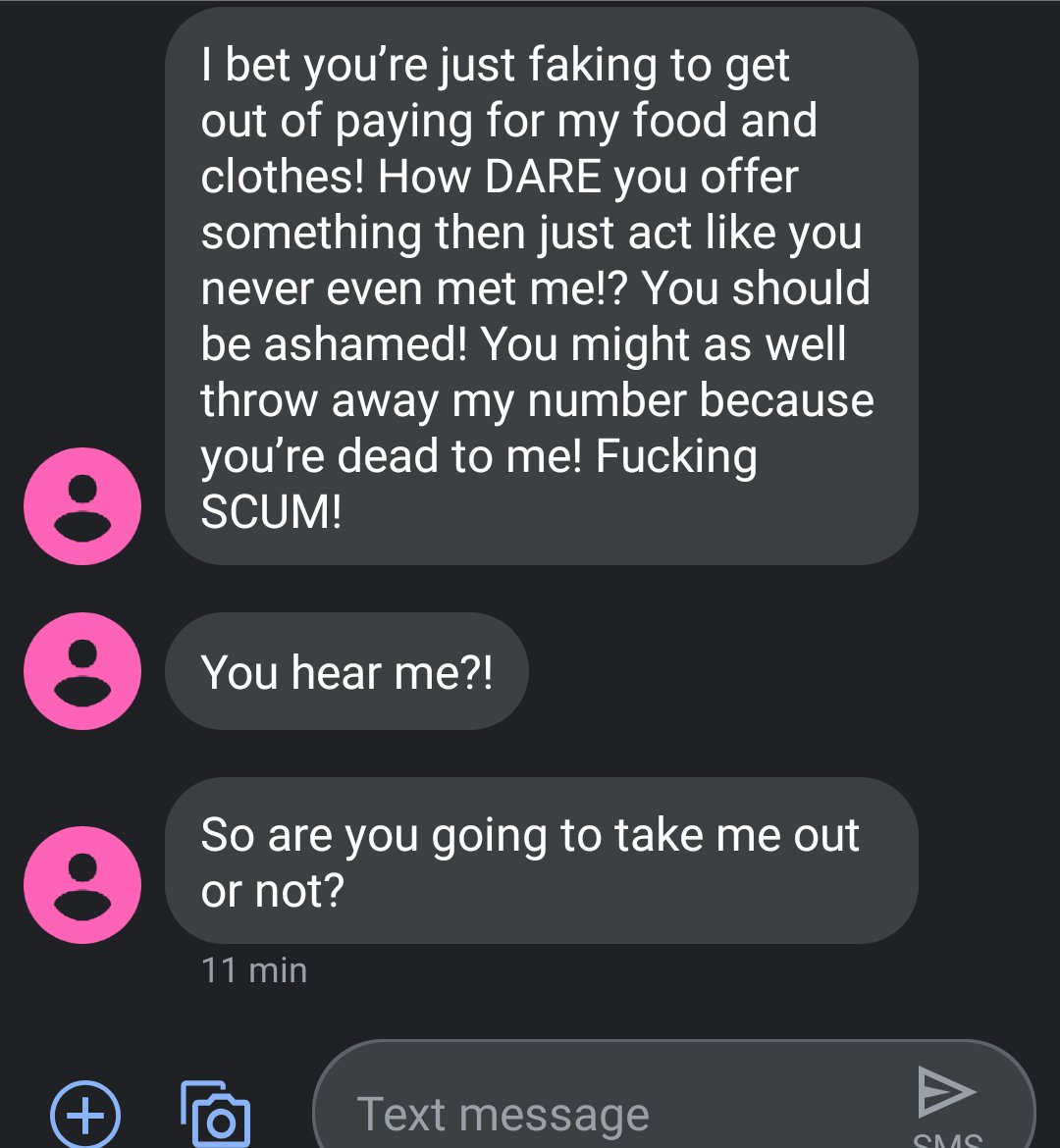 lyrics - I bet you're just faking to get out of paying for my food and clothes! How Dare you offer something then just act you never even met me!? You should be ashamed! You might as well throw away my number because you're dead to me! Fucking Scum! You h