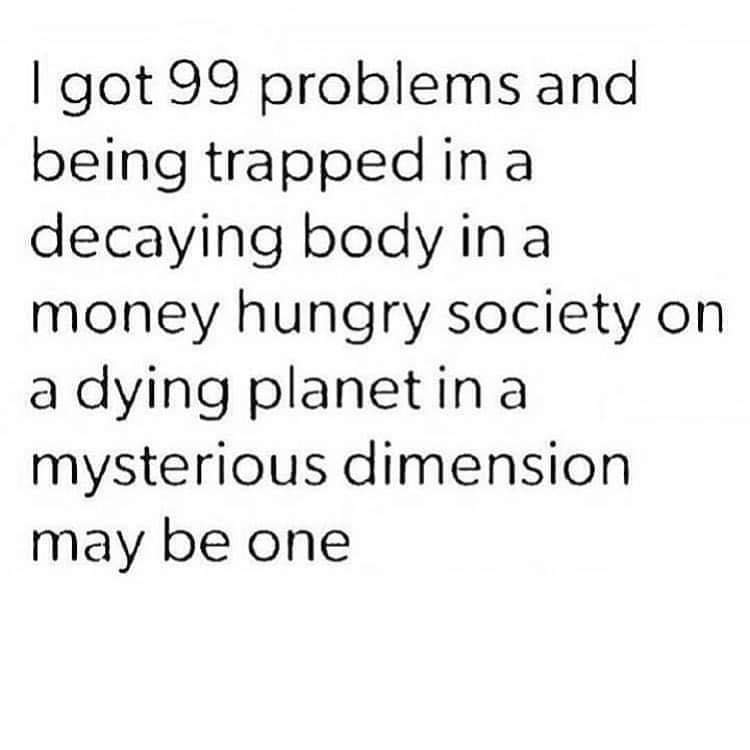realistic quotes - I got 99 problems and being trapped in a decaying body in a money hungry society on a dying planet in a mysterious dimension may be one