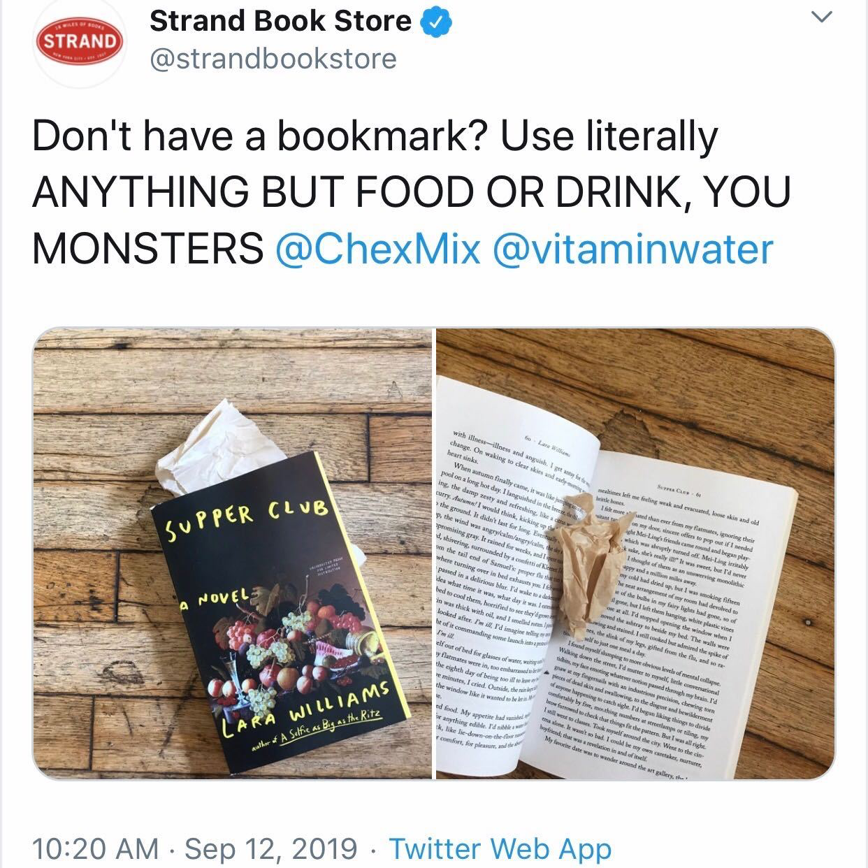 material - Strand Strand Book Store Don't have a bookmark? Use literally Anything But Food Or Drink, You Monsters Mix Supper Club Williams Twitter Web App