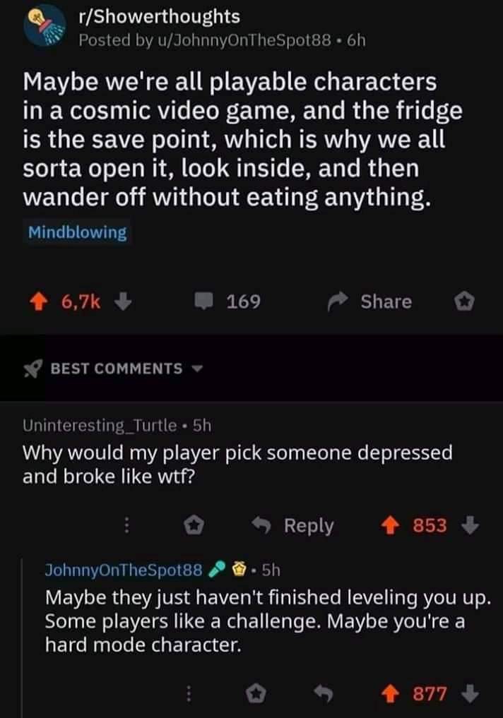 screenshot - rShowerthoughts Posted by uJohnnyOnTheSpot88.6h Maybe we're all playable characters in a cosmic video game, and the fridge is the save point, which is why we all sorta open it, look inside, and then wander off without eating anything. Mindblo