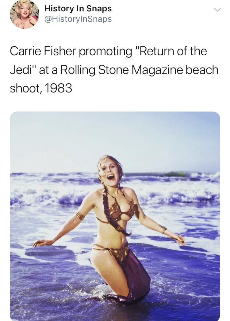 history photo - carrie fisher leia - History In Snaps Carrie Fisher promoting "Return of the Jedi" at a Rolling Stone Magazine beach shoot, 1983