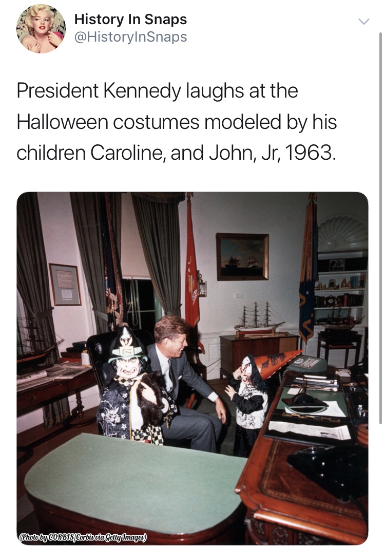 history photo - john f kennedy oval office - History In Snaps President Kennedy laughs at the Halloween costumes modeled by his children Caroline, and John, Jr, 1963. Photo by CorbisCorbiscia Gelty Images