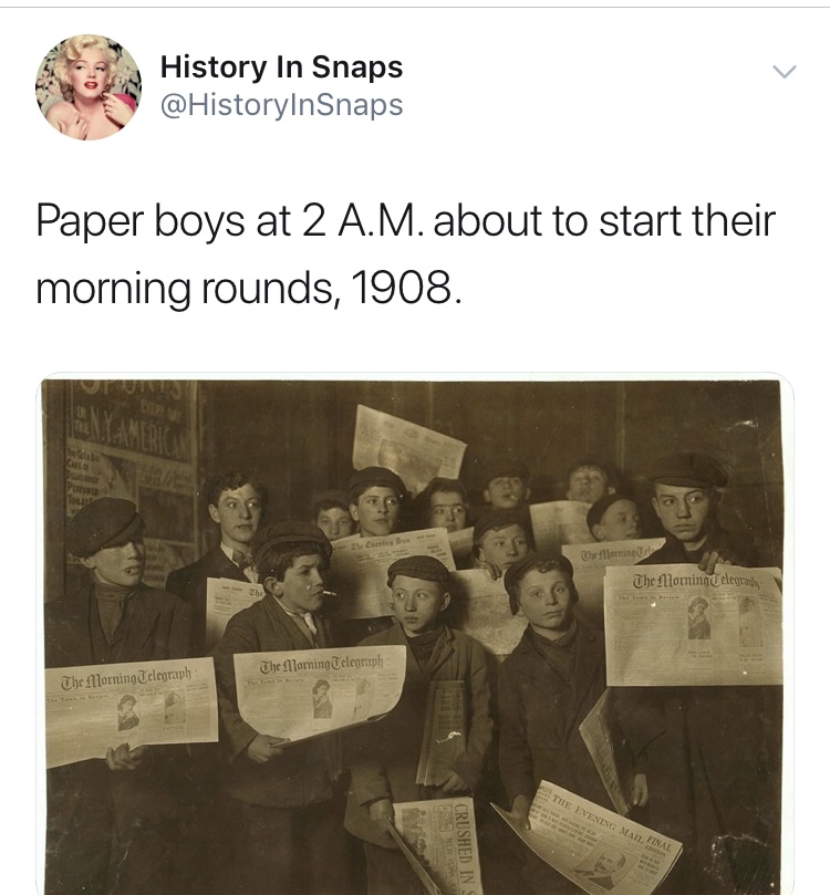history photo - newsies 1800s - History In Snaps Paper boys at 2 A.M. about to start their morning rounds, 1908. U llerning The MorningTelegrand Thelorning Telegraph The Allorning Telegraph The Evening Mat, Final New Crushed In