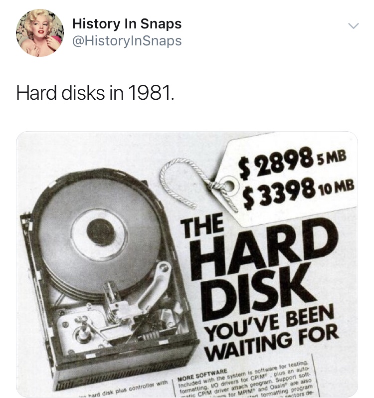 history photo - vintage computer ads - History In Snaps Hard disks in 1981. $ 28985MB $ 3398 10 Mb The $3398 Hard Disk You'Ve Been Waiting For hard disk plus controller with More Software Included with the system is software for testing formatting, No dri