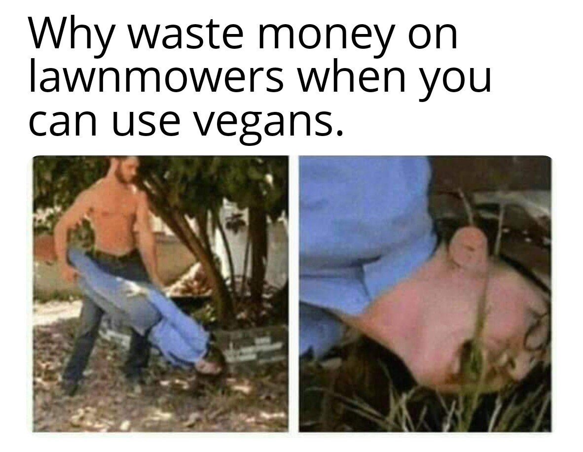 waste money on lawnmowers when you can use vegans - Why waste money on lawnmowers when you can use vegans.