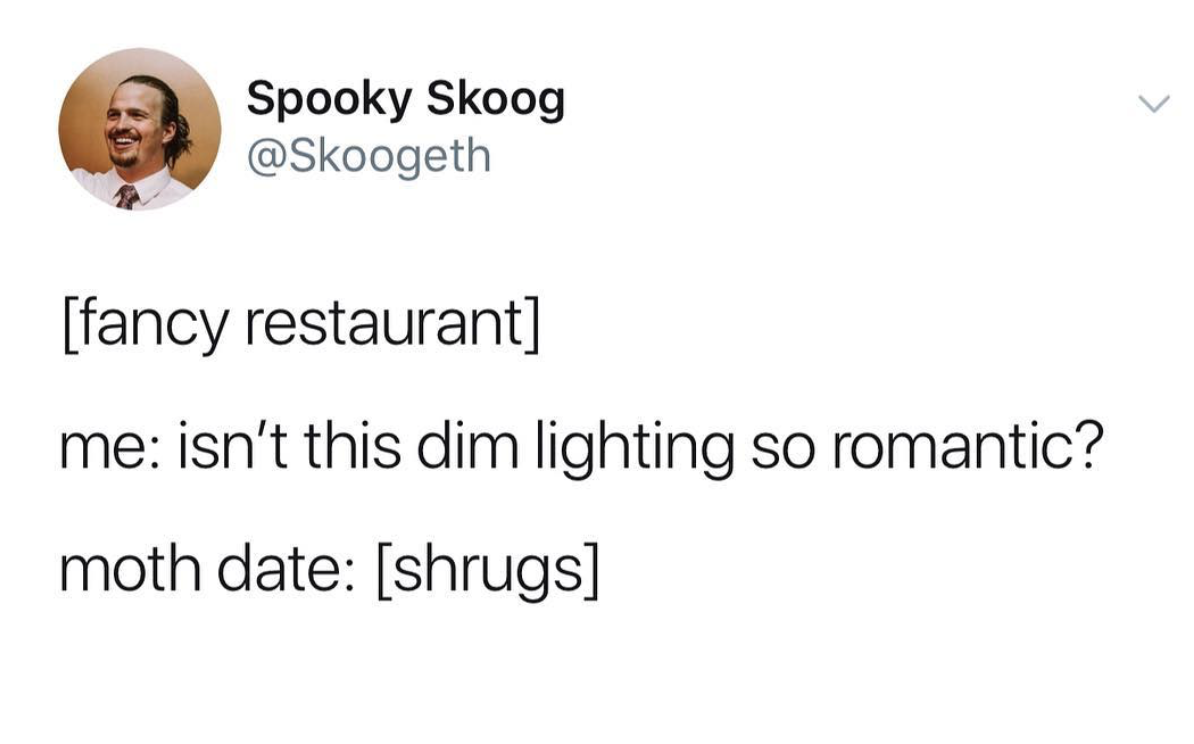 smile - Spooky Skoog fancy restaurant me isn't this dim lighting so romantic? moth date shrugs