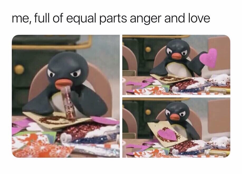angry love meme - me, full of equal parts anger and love