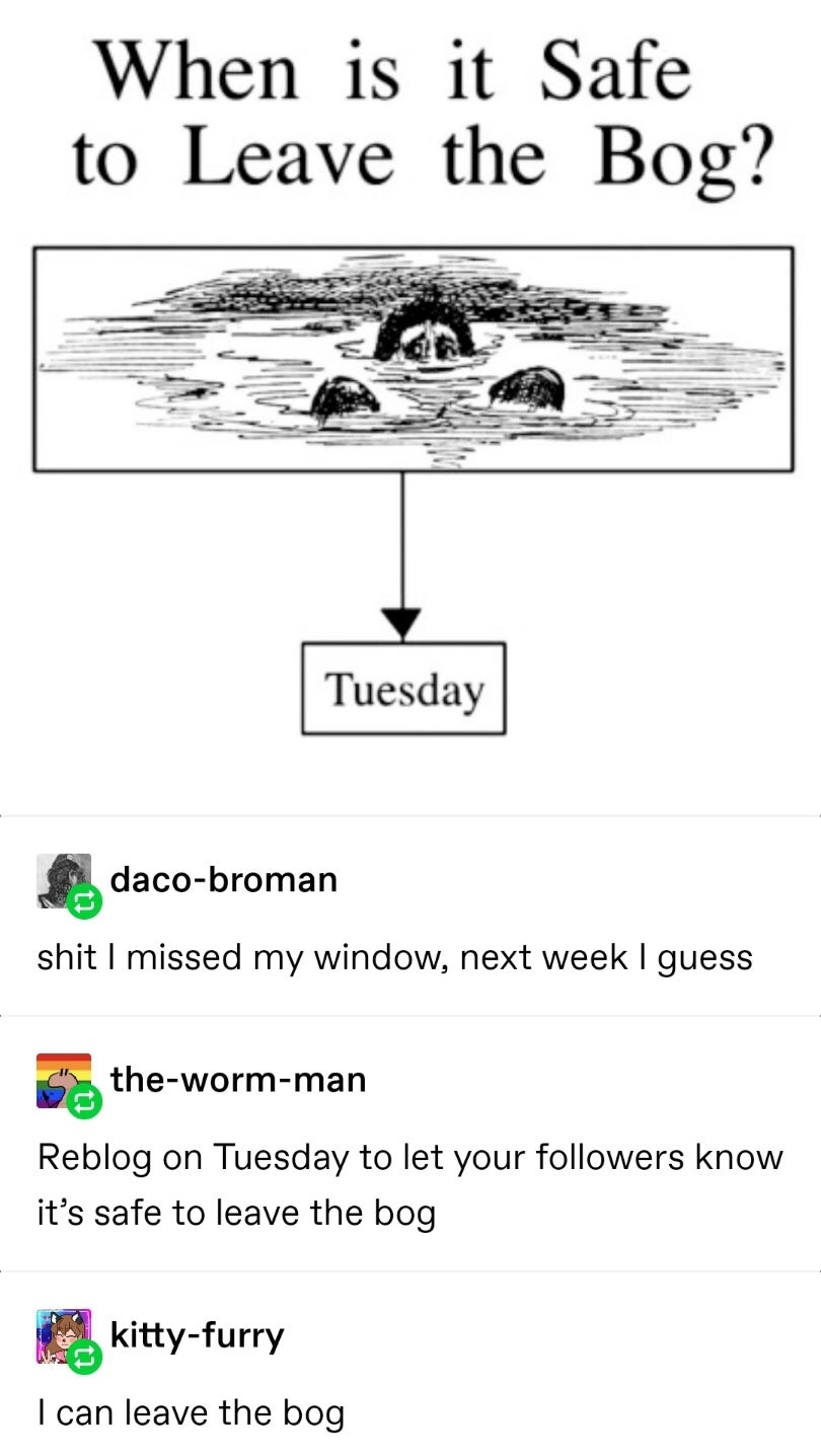 safe to leave the bog - When is it Safe to Leave the Bog? Tuesday dacobroman shit I missed my window, next week I guess S", thewormman Reblog on Tuesday to let your ers know it's safe to leave the bog kittyfurry I can leave the bog
