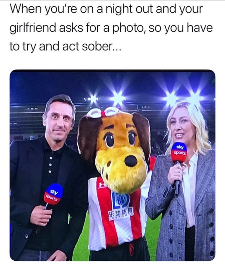 photo caption - When you're on a night out and your girlfriend asks for a photo, so you have to try and act sober... Sly sports Sky Sports Senal