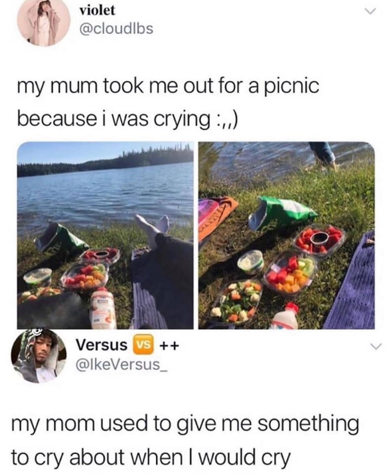 mom takes me on picnic when i cry - violet my mum took me out for a picnic because i was crying Versus vs my mom used to give me something to cry about when I would cry