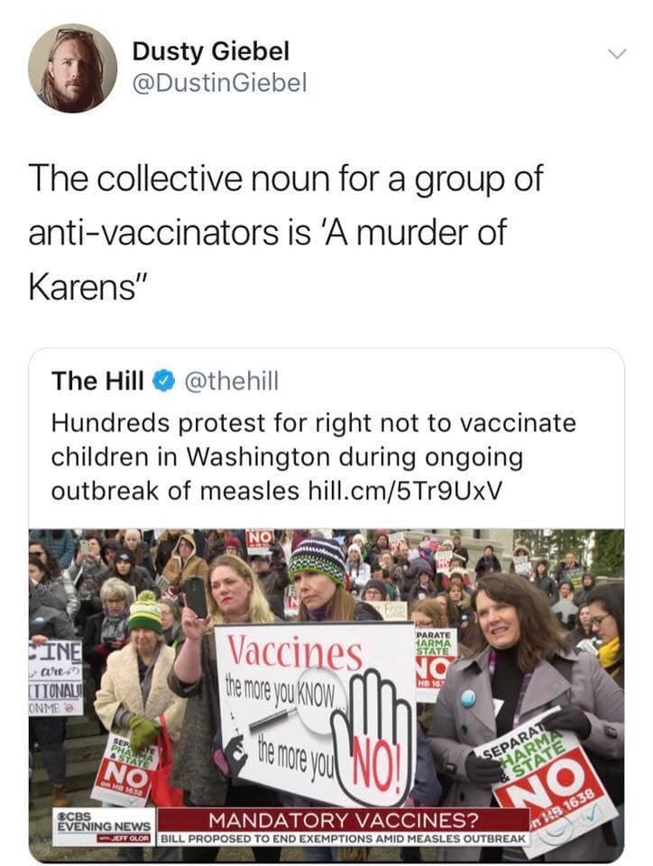 protest washington measles - Dusty Giebel Giebel The collective noun for a group of antivaccinators is 'A murder of Karens" The Hill Hundreds protest for right not to vaccinate children in Washington during ongoing outbreak of measles hill.cm5Tr9UXV No Pa