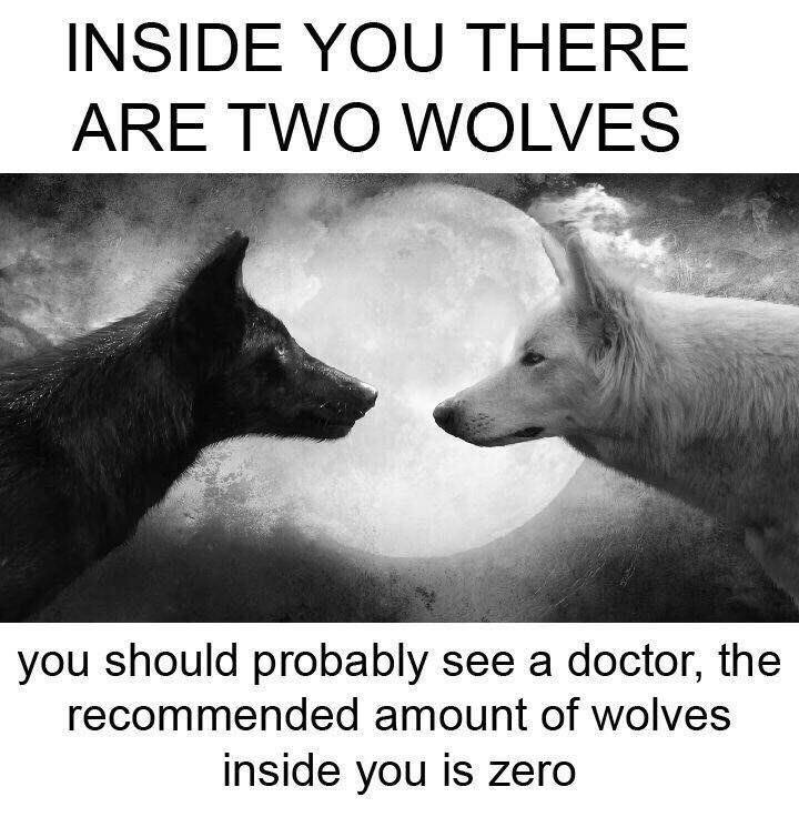 meme - inside you there are two wolves - Inside You There Are Two Wolves you should probably see a doctor, the recommended amount of wolves inside you is zero