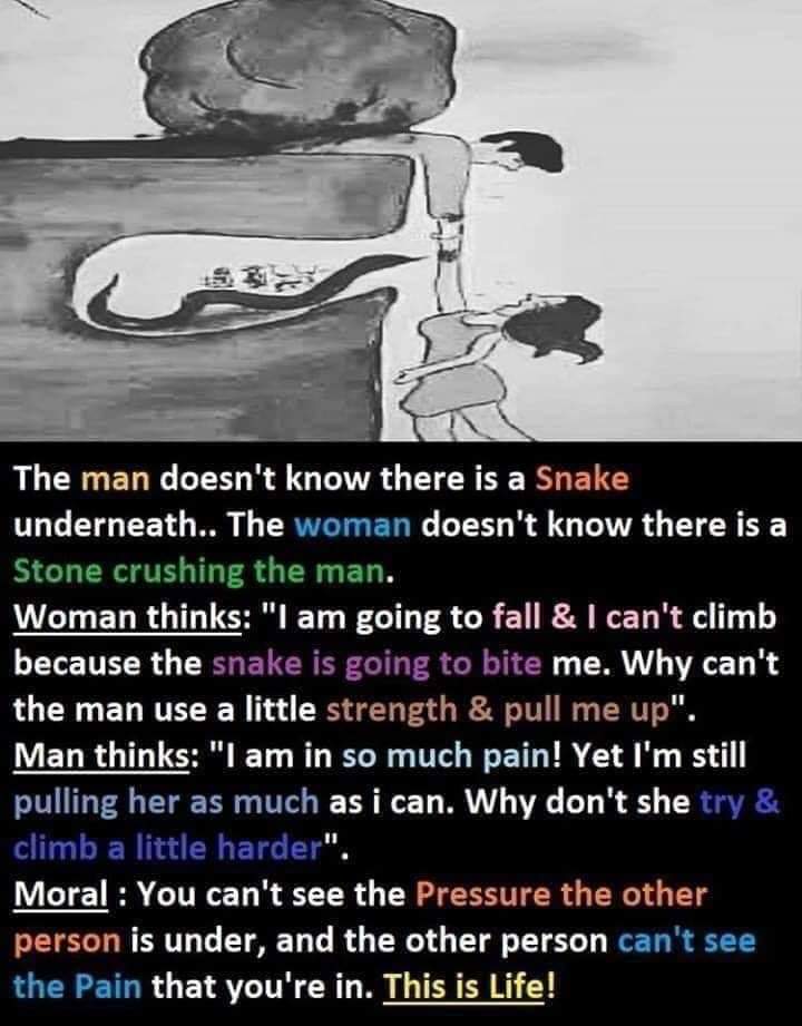 niagara falls - The man doesn't know there is a Snake underneath.. The woman doesn't know there is a Stone crushing the man. Woman thinks "I am going to fall & I can't climb because the snake is going to bite me. Why can't the man use a little strength & 