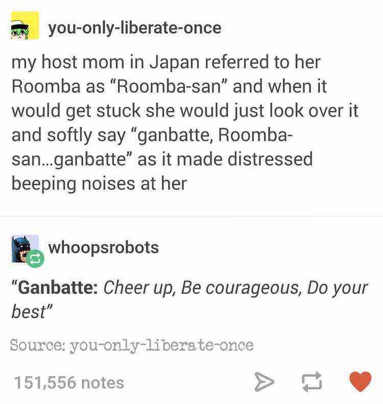 roomba san - youonlyliberateonce my host mom in Japan referred to her Roomba as "Roombasan" and when it would get stuck she would just look over it and softly say "ganbatte, Roomba san...ganbatte" as it made distressed beeping noises at her whoopsrobots "