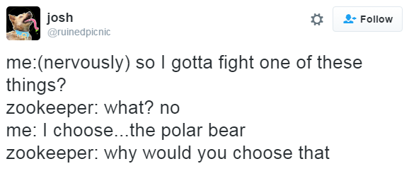 zookeeper tweet - josh menervously so I gotta fight one of these things? zookeeper what? no me I choose...the polar bear zookeeper why would you choose that