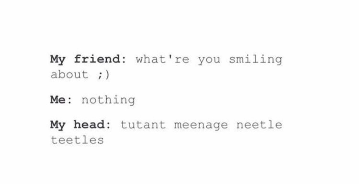 number - My friend what're you smiling about ; Me nothing My head tutant meenage neetle teetles