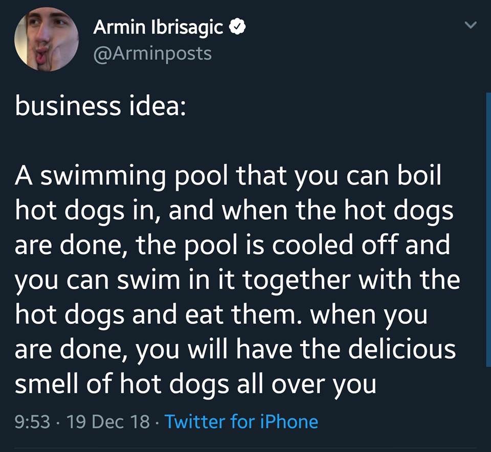 Armin Ibrisagic business idea A swimming pool that you can boil hot dogs in, and when the hot dogs are done, the pool is cooled off and you can swim in it together with the hot dogs and eat them. when you are done, you will have the delicious smell of hot