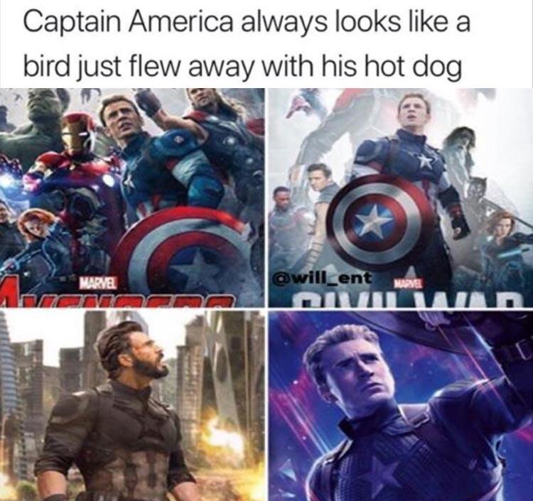 meme captain america looks like a bird flew away with his hot dog - Captain America always looks a bird just flew away with his hot dog Marve awill_ent Marve Li