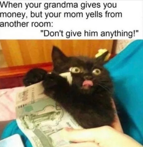 meme meme when your grandma gives you money - When your grandma gives you money, but your mom yells from another room "Don't give him anything!"