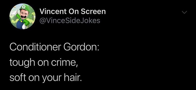 meme atmosphere - Vincent On Screen Jokes Conditioner Gordon tough on crime, soft on your hair.