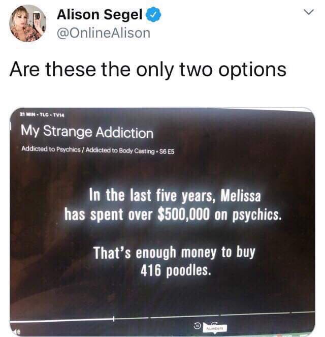 meme My Strange Addiction - Alison Segel Are these the only two options 21 Mintlc TV14 My Strange Addiction Addicted to Psychics Addicted to Body Casting S6 E5 In the last five years, Melissa has spent over $500,000 on psychics. That's enough money to buy