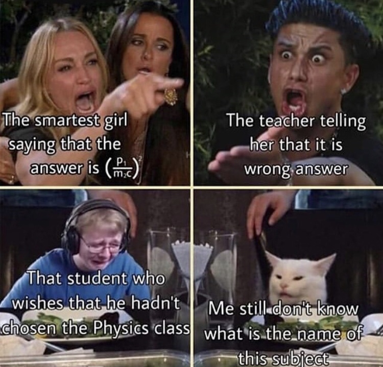 Meme - The smartest girl saying that the answer is min The teacher telling her that it is wrong answer That student who wishes that he hadn't Me still don't know chosen the Physics class what is the name of this subject