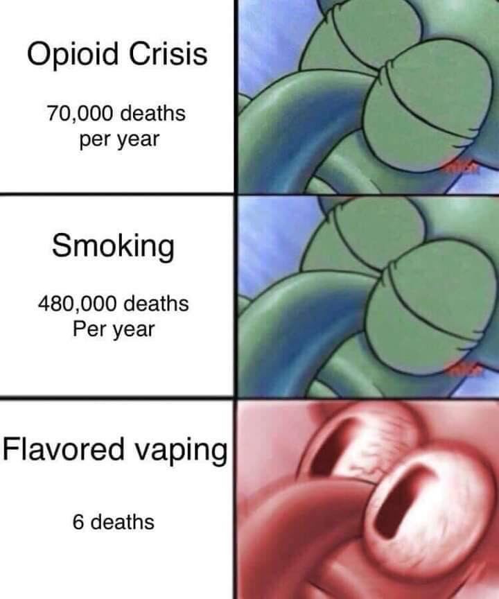 vaping death meme - Opioid Crisis 70,000 deaths per year Smoking 480,000 deaths Per year Flavored vaping 6 deaths