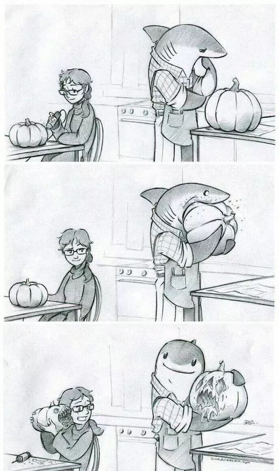 halloween meme - shark carving a pumpkin comic -