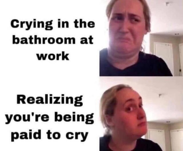 work meme - you re crying at work vs getting paid - Crying in the bathroom at work Realizing you're being paid to cry