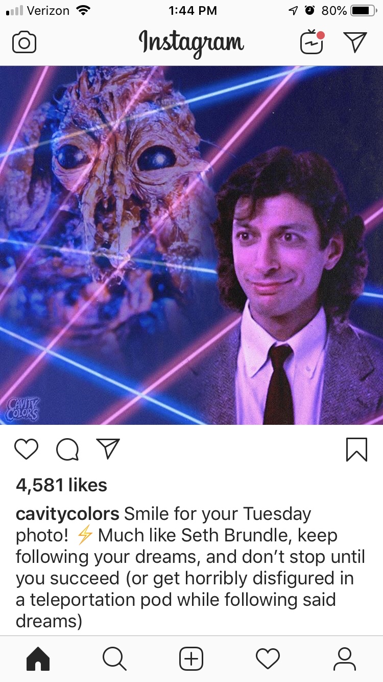 instagram - . Verizon ? | 4 80% Instagram V 4,581 cavitycolors Smile for your Tuesday photo! $ Much Seth Brundle, keep ing your dreams, and don't stop until you succeed or get horribly disfigured in a teleportation pod while ing said dreams A a