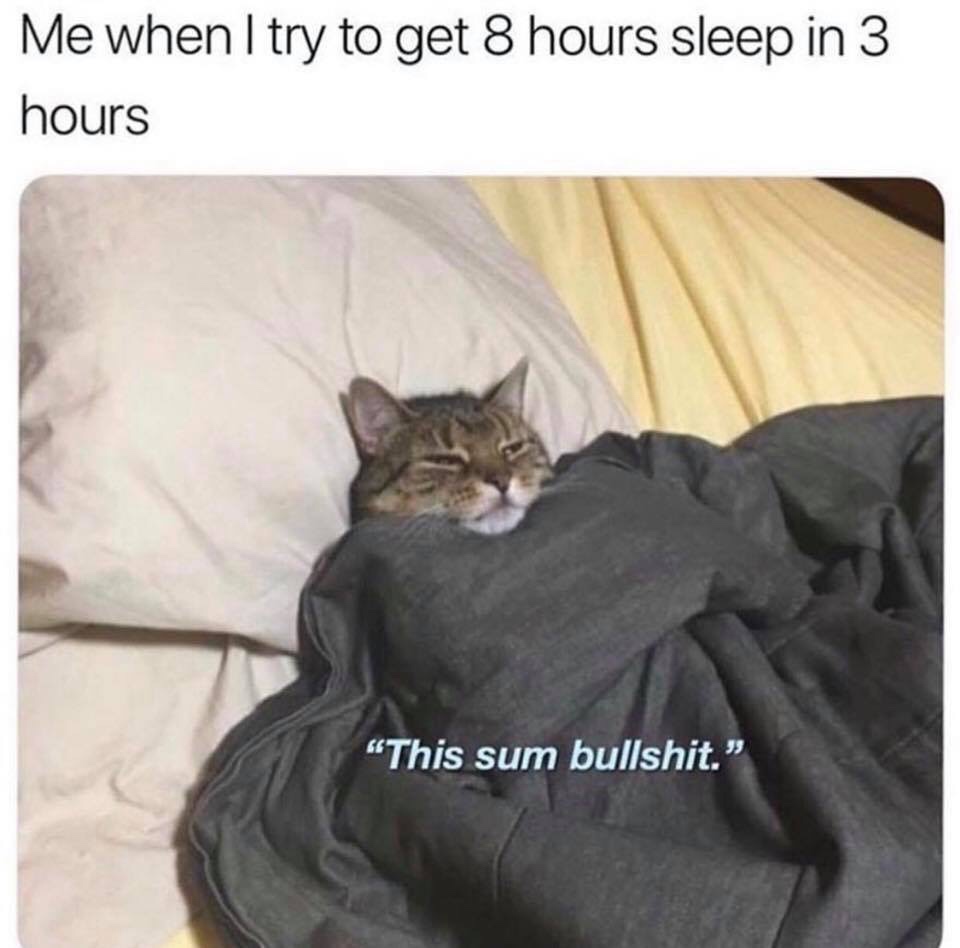 me when i try to get 8 hours of sleep in 3 hours - Me when I try to get 8 hours sleep in 3 hours "This sum bullshit."