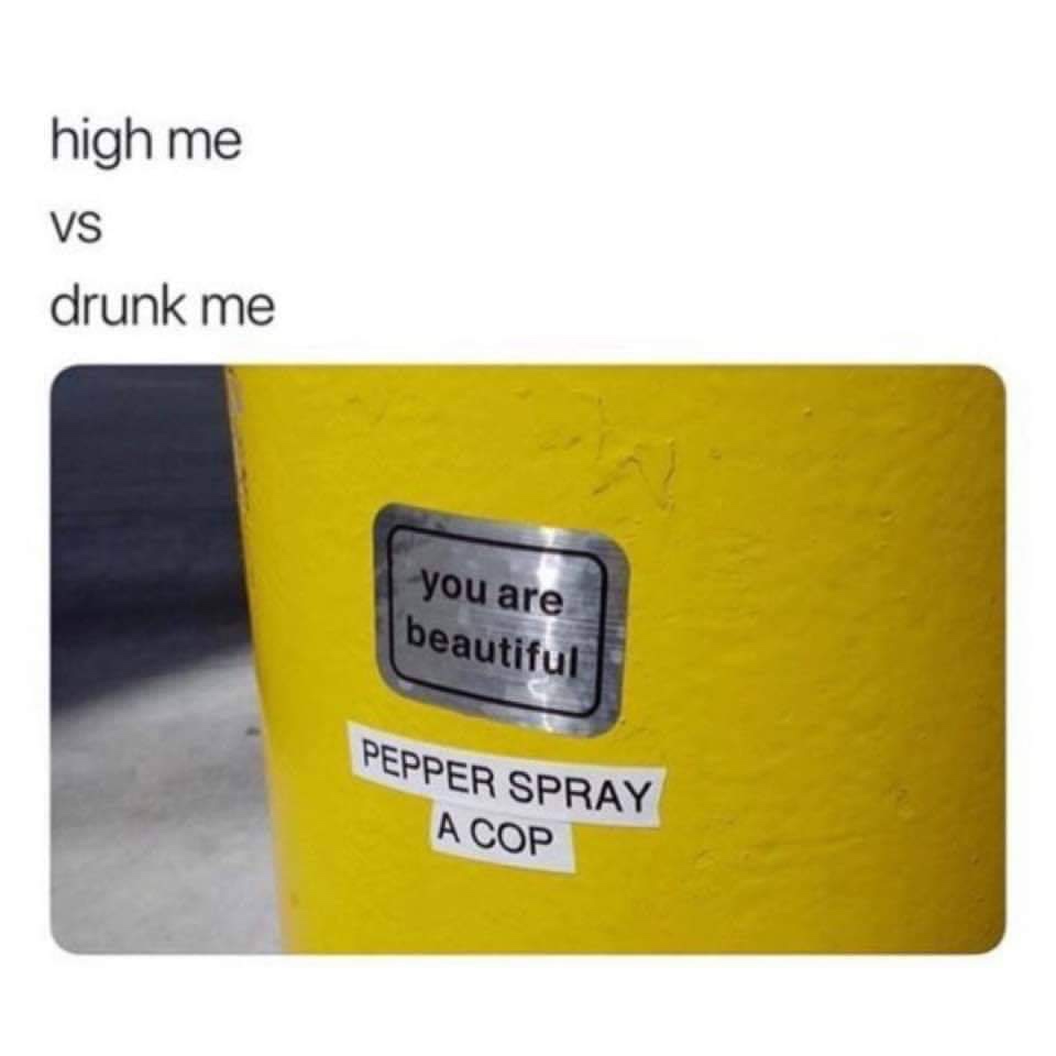 drunk me vs high me - high me Vs drunk me you are beautiful Pepper Spray A Cop