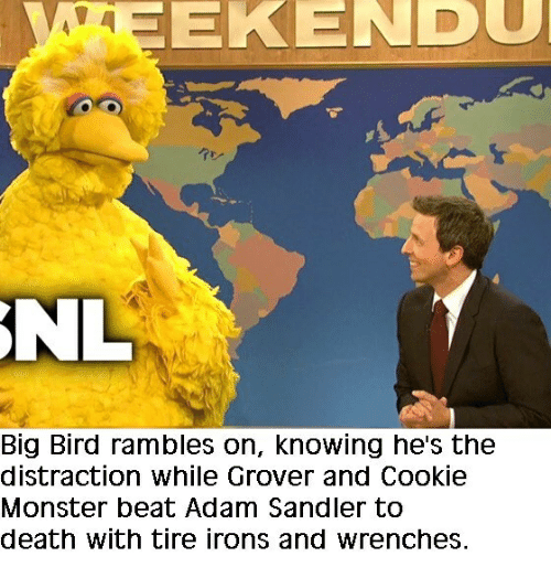 stefon snl - Weekendu Enl Big Bird rambles on, knowing he's the distraction while Grover and Cookie Monster beat Adam Sandler to death with tire irons and wrenches.