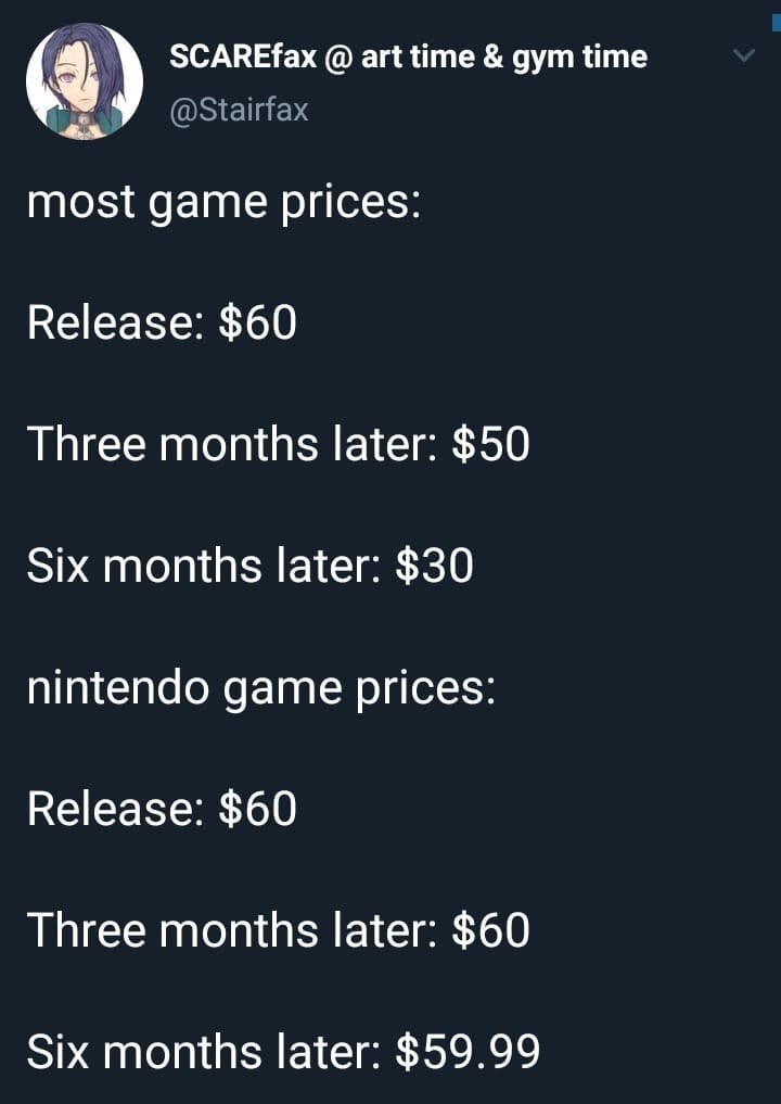 screenshot - Scarem SCAREfax time & gym time most game prices Release $60 Three months later $50 Six months later $30 nintendo game prices Release $60 Three months later $60 Six months later $59.99