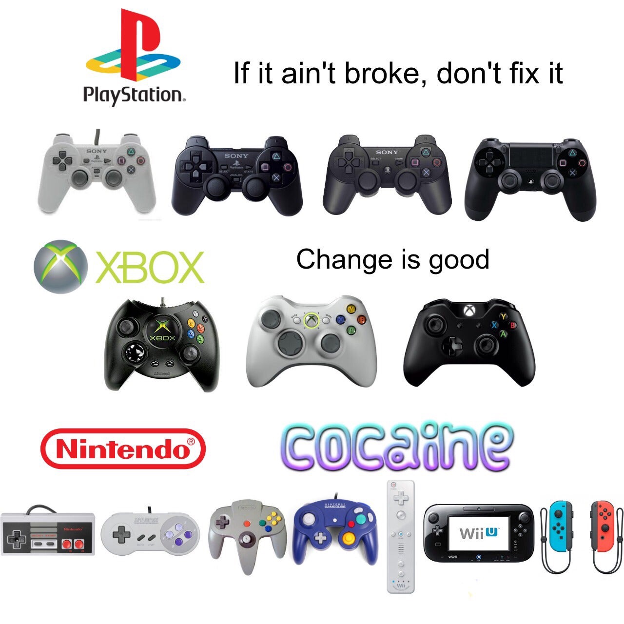 xbox 360 controller - If it ain't broke, don't fix it PlayStation Sony Sony Sony Xbox Change is good e Xbox Nintendo Nintendo cocaine Wii U