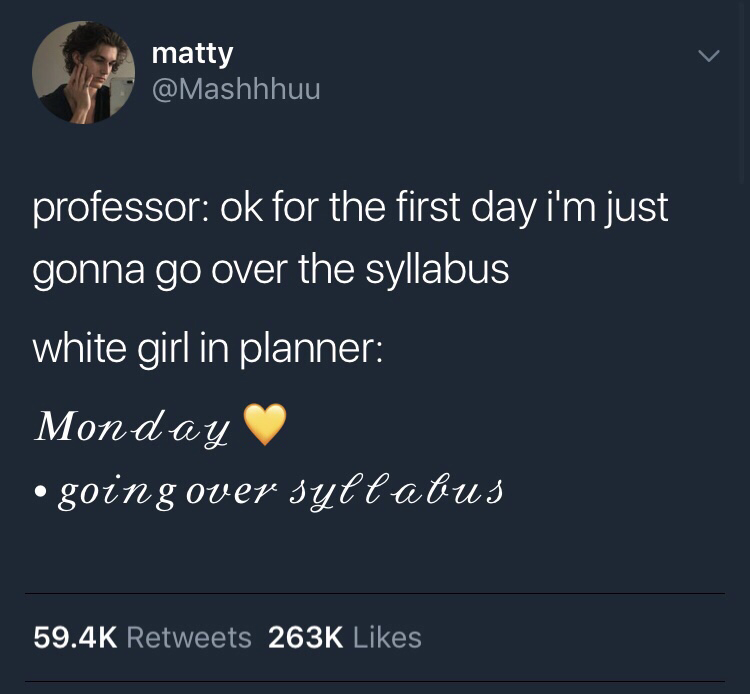 college memes - bust back meme - matty professor ok for the first day i'm just gonna go over the syllabus white girl in planner Monday going over syllabus