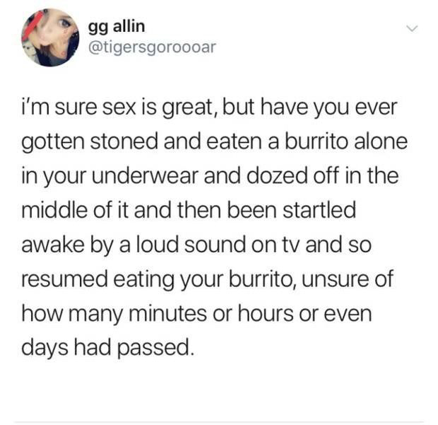 copyright text - gg allin i'm sure sex is great, but have you ever gotten stoned and eaten a burrito alone in your underwear and dozed off in the middle of it and then been startled awake by a loud sound on tv and so resumed eating your burrito, unsure of
