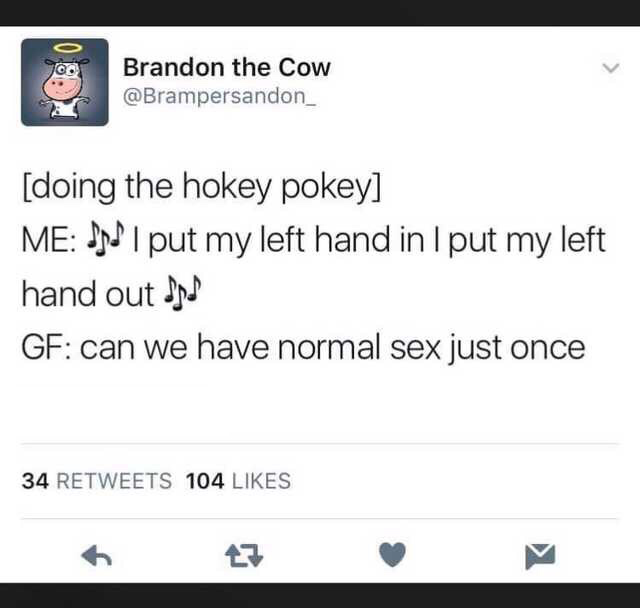 number - Brandon the Cow doing the hokey pokey Me Jyd I put my left hand in I put my left hand out dsd Gf can we have normal sex just once 34 104