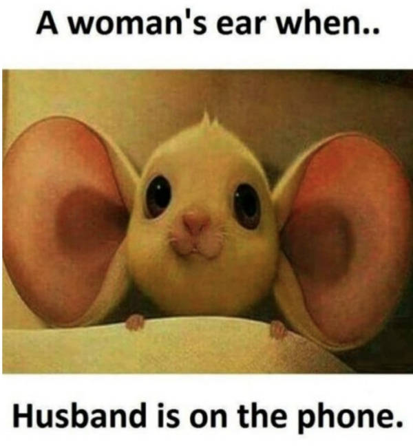 photo caption - A woman's ear when.. Husband is on the phone.