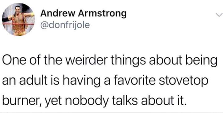 one of the weirder things about being - Andrew Armstrong One of the weirder things about being an adult is having a favorite stovetop burner, yet nobody talks about it.