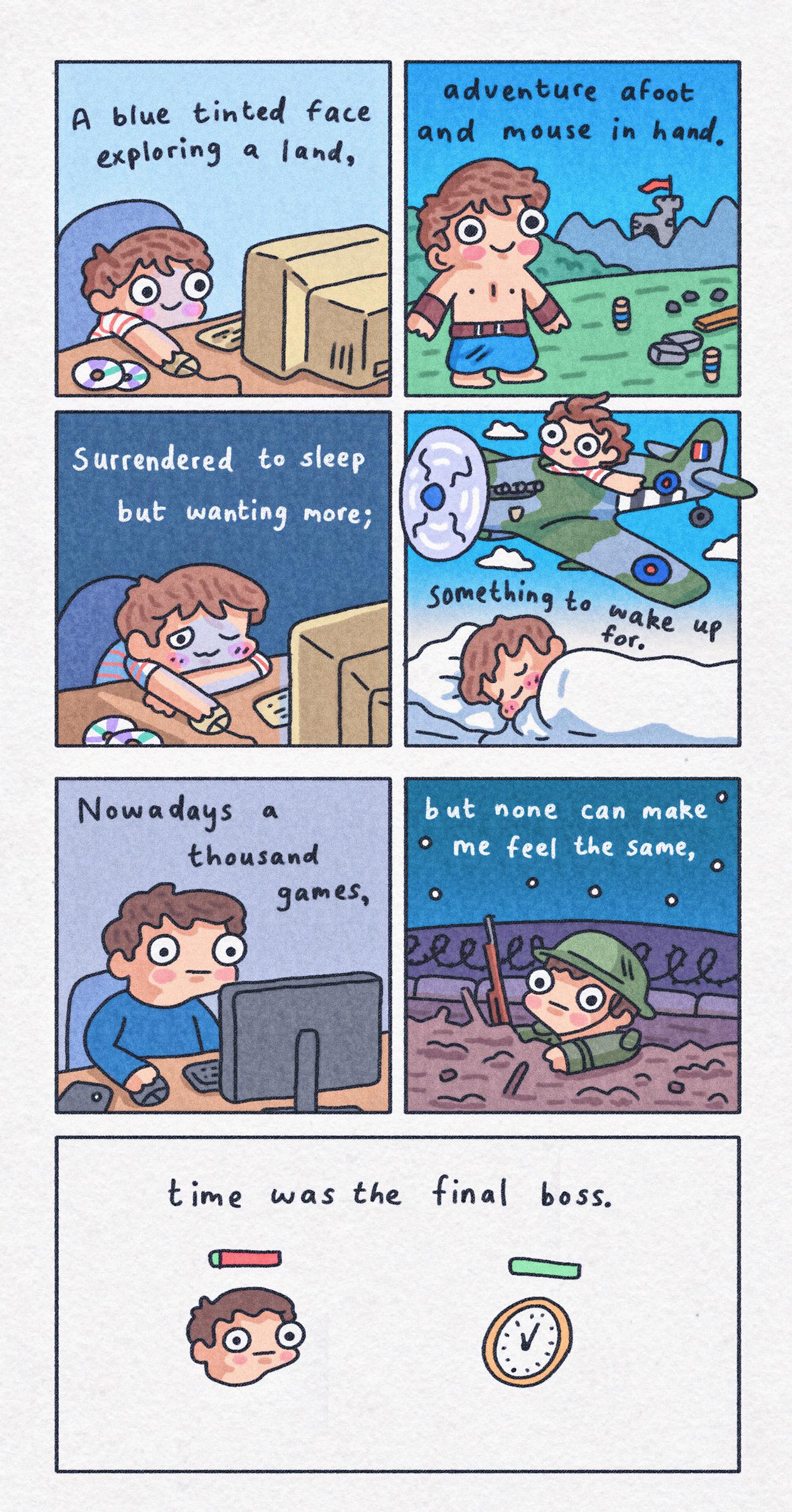 gaming nostalgia comic - A blue tinted face exploring a land, adventure afect and Mouse in hand 09 os Surrendered to sleep but wanting more; Something Nowadays but none can make me feel the same, he games, time was the final boss. WO_9