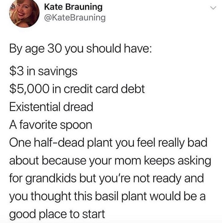 point - Kate Brauning By age 30 you should have $3 in savings $5,000 in credit card debt Existential dread A favorite spoon One halfdead plant you feel really bad about because your mom keeps asking for grandkids but you're not ready and you thought this 