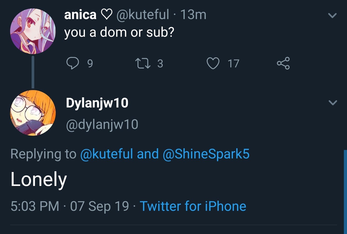 sky - anica 13m you a dom or sub? 9 9 22 3 17 Dylanjw10 and Spark5 Lonely 07 Sep 19 Twitter for iPhone