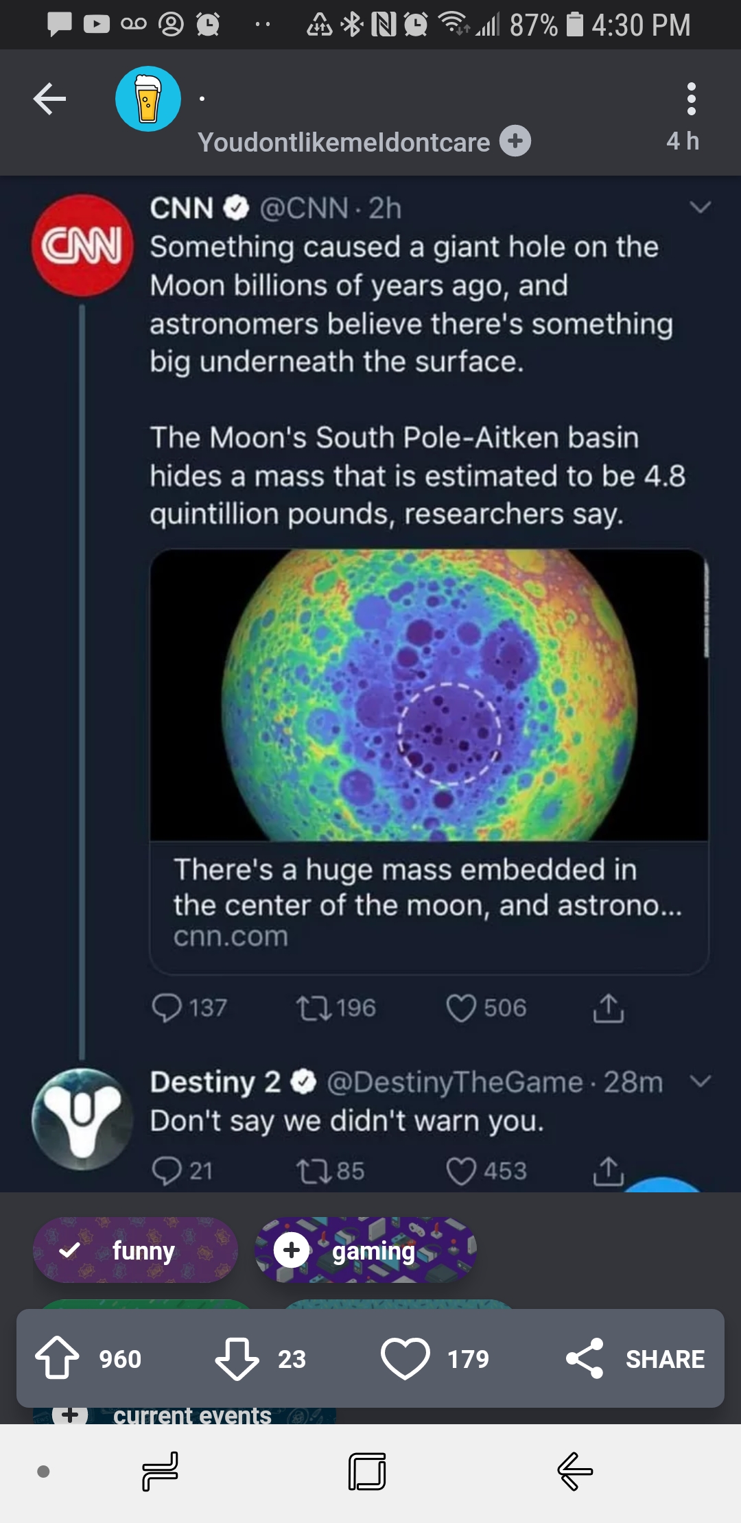 moons haunted destiny meme - B. No. 87% Youdontmeldontcare 45 Cnn Cnn 2h Something caused a giant hole on the Moon billions of years ago, and astronomers believe there's something big underneath the surface. The Moon's South PoleAitken basin hides a mass 